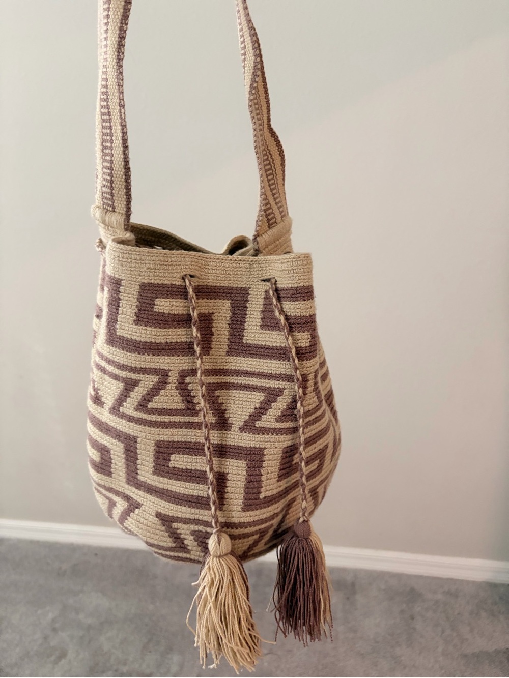 Handwoven Geometric Crossbody Bucket Bag in Beige and Brown - Picture 2 of 2